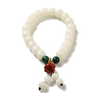Round Natural White Jade Stretch Bracelets, with Lotus Cinnabar and Synthetic Malachite, Inner Diameter: 5.5cm
