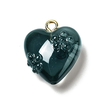 Transparent Resin Pendants, with Golden Tone Iron Loops, Heart with Flower, Dark Slate Gray, 20x17x8.5mm, Hole: 2mm
