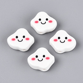 Handmade Porcelain Ceramic Beads, Cloud & Smiling Face, Printed, White, 15x17.5x7mm, Hole: 2mm