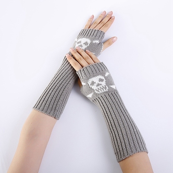 Polyacrylonitrile Fiber Yarn Knitting Long Fingerless Gloves, Arm Warmer, Winter Warm Gloves with Thumb Hole, Skull Pattern, Light Grey, 295~330x80mm