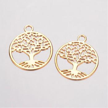 Brass Filigree Pendants, Flat Round with Tree of Life, Golden, 23.5x20x0.5mm, Hole: 3mm