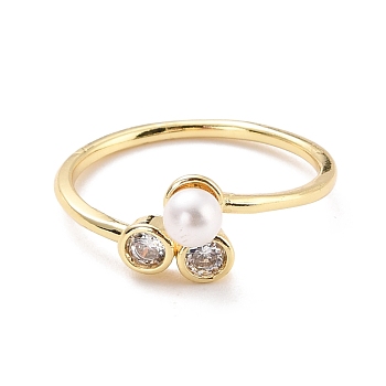 Sparkling Cubic Zirconia Cuff Ring for Women, Real 18K Gold Plated Brass Open Ring with Imitation Pearl, Cadmium Free & Lead Free, Clear, US Size 6 1/2(16.9mm)