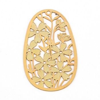 Brass Pendants, Etched Metal Embellishments, Hollow Out Oval with Flower, Golden, 40x24x0.2mm, Hole: 1.6mm