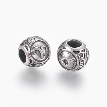 316 Surgical Stainless Steel European Beads, Large Hole Beads, Rondelle, Aries, Antique Silver, 10x9mm, Hole: 4mm