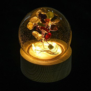 LED Glass Crystal Ball Ornament, with Natural Gemstone Chips Money Tree inside, Reiki Energy Stone Desktop Office Table Decor, 52x65mm