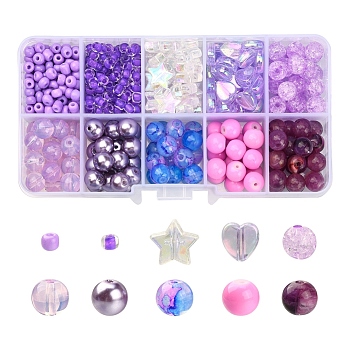 DIY Beads Jewelry Making Finding Kit, Including Imitation Gemstone & Crackle & Heart & Star & Round Acrylic & Glass Beads, Purple, 4~10x3~8mm, Hole: 1~2mm, 706Pcs/box