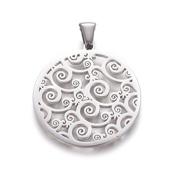 304 Stainless Steel Pendants, Flat Round with Auspicious Cloud, Stainless Steel Color, 30x27.5x1.2mm, Hole: 2.5x5.5mm