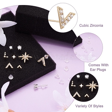9Pair 9 Style Star & V-shape Brass Stud Earrings(EJEW-KS0001-01)-3