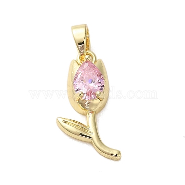 Real 18K Gold Plated Pink Flower Brass+Cubic Zirconia Pendants