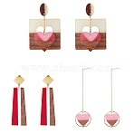 3 Pairs 3 Style Heart & Trapezoid & Square Resin & Walnut Wood Dangle Stud Earring, 304 Stainless Steel Long Drop Earrings Ear Thread for Women, Mixed Color, 55~110mm, Pin: 0.7~0.8mm, 1 Pairs/style(EJEW-SW00014-01)