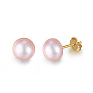 Natural Pearl Ear Studs for Women, with 925 Sterling Silver Pins, with S925 Stamp, Round, Real 18K Gold Plated, 7.5~8mm(EJEW-P231-01G)