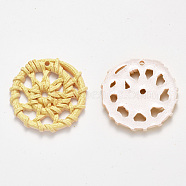 Resin Pendants, Imitation Woven Rattan Pattern, Flat Round, Yellow, 39x5mm, Hole: 2mm(RESI-T029-05D)