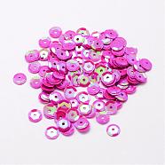 Plastic Paillette Beads, Semi-cupped Sequins Beads, Center Hole, Fuchsia, 12x0.5mm, Hole: 1mm(PVC-A002-12mm-02)