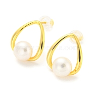 Brass Teardrop Stud Earrings with Natural Pearl Beaded, with 925 Sterling Silver Pins, Real 18K Gold Plated, 15x12.5mm(EJEW-Z020-03G)