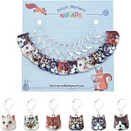 12Pcs 6 Style Zinc Alloy Enamel Cat Charm Locking Stitch Markers, with Brass Leverback Earring Findings & Iron Open Jump Rings & Plastic Ear Nuts, Mixed Color, 35mm, Pin: 0.8mm, 2Pcs/style(HJEW-PH01530)