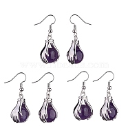 Natural Amethyst Palm Dangle Earrings, Platinum Brass Jewelry for Women, 38.5mm, Pin: 0.6mm(EJEW-A092-09P-07)