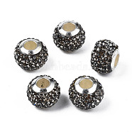 Handmade Polymer Clay Rhinestone European Beads, with Silver Tone CCB Plastic Double Cores, Large Hole Beads, Rondelle, Black Diamond, 12.5~13x10mm, Hole: 4.5mm(RB-N053-001-05)