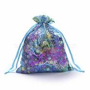 Organza Gift Bags, Drawstring Bags, with Colorful Coral Pattern, Rectangle, Dark Turquoise, 9x7cm(OP-Q051-7x9-01)