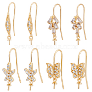 8Pcs 4 Style Brass Micro Pave Cubic Zirconia Earring Hooks, for Half Drilled Beads, Long-Lasting Plated, Oval & Flower & Tree & Butterfly, Real 18K Gold Plated, 24~25mm, 21 Gauge, Pin: 0.7mm, 2pcs/style(KK-BBC0004-31)