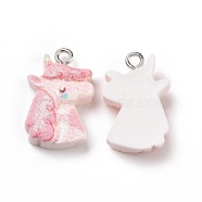 Opaque Resin Pendants, with Glitter Powder and Platinum Tone Iron Loops, Unicorn Charm, Pink, 22x14.5x6mm, Hole: 2mm(RESI-J023-14A)