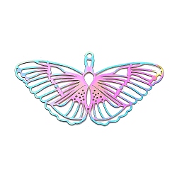 201 Stainless Steel Pendants, Etched Metal Embellishments, Butterfly Charm, Rainbow Color, 25.5x49.5x0.3mm, Hole: 1.6mm(STAS-B051-02RC-08)