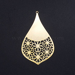 201 Stainless Steel Big Pendants, teardrop, with Flower, Golden, 57x35x1mm, Hole: 1.6mm(STAS-S105-JN410)