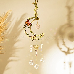 Natural Rose Quartz Hanging Suncatcher Pendant Decoration, Moon with Butterfly Crystal Ceiling Chandelier Ball Prism Pendants, 450~480mm(DJEW-PW0008-18B)