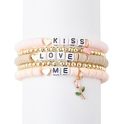 5Pcs 5 Style Word Kiss Love Me Acrylic Stretch Bracelets Set with Heart Rose Enamel Charms, Polymer Clay Heishi Surfer Preppy Beacelets with Synthetic Hematite Beaded for Valentine's Day, Navajo White, Inner Diameter: 2-1/8~2-1/4 inch(5.4~5.8cm), 1Pc/style(BJEW-JB08681)