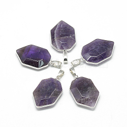 Natural Amethyst Pendants, with Brass Findings, Faceted, Nuggets, Platinum, 36x22x7mm, Hole: 4.5x8mm(G-Q494-34P)