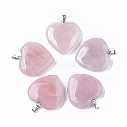 Natural Rose Quartz Pendants, with Stainless Steel Snap On Bails, Heart, Stainless Steel Color, 31x30x8mm, Hole: 5.5x2.5mm(X-G-S364-006)