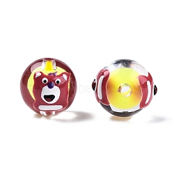 Transparent Acrylic Enamel Beads, Bead in Bead, Round with Bear, Yellow, 14~15x13mm, Hole: 2mm(TACR-G040-01M)