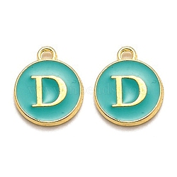 Golden Plated Alloy Enamel Charms, Enamelled Sequins, Flat Round with Alphabet, Letter.D, Green, 14x12x2mm, Hole: 1.5mm(ENAM-Q437-15D)