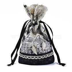 Polyester Lace & Slub Yarn Drawstring Gift Bags, for Jewelry & Baby Showers Packaging Wedding Favor Bag, Black, 18~19x12~13x0.3cm(OP-Q053-015)