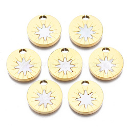 316 Surgical Stainless Steel Pendants, with Shell, Real 14K Gold Plated, Flat Round, Seashell Color, 18x3mm, Hole: 3.5x2.5mm(STAS-N097-041)