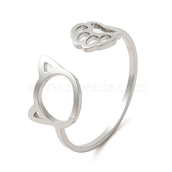 Non-Tarnish 304 Stainless Steel Open Cuff Ring, Hollow Cat & Paw Print, Stainless Steel Color, US Size 10(19.8mm)(RJEW-Z026-05P)