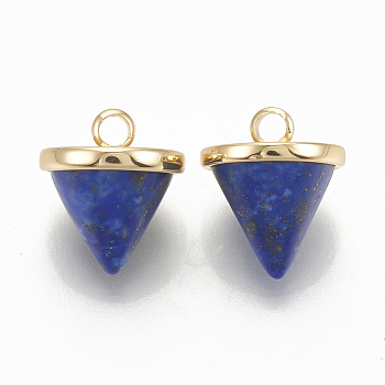 Dyed & Synthetic Lapis Lazuli Charms, with Brass Findings, Cone, Nickel Free, Real 18K Gold Plated, Blue, 12x10mm, Hole: 1.5mm
