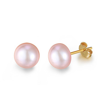 Natural Pearl Ear Studs for Women, with 925 Sterling Silver Pins, with S925 Stamp, Round, Real 18K Gold Plated, 7.5~8mm
