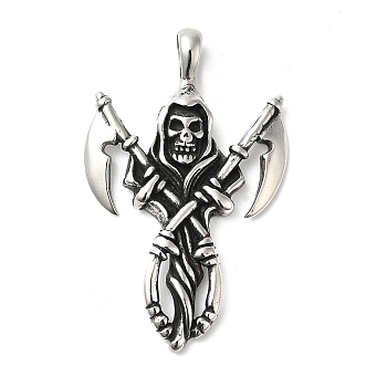 304 Stainless Steel Manual Polishing Big Pendants, Skull with Axe Charms, Antique Silver, 51.5x32x5mm, Hole: 4x6mm