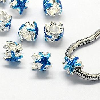 Enamel Alloy European Beads, Large Hole Beads, Starfish/Sea Stars, Silver Color Plated, Dodger Blue, 10x9.5mm, Hole: 4.5mm