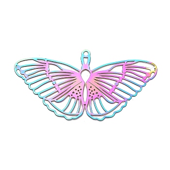 201 Stainless Steel Pendants, Etched Metal Embellishments, Butterfly Charm, Rainbow Color, 25.5x49.5x0.3mm, Hole: 1.6mm