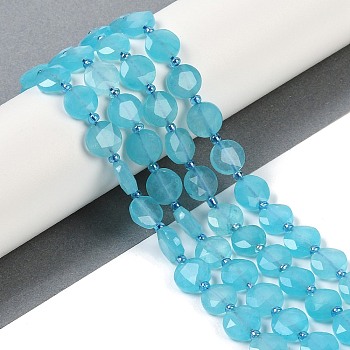 Dyed Natural White Jade Beads Strands, Faceted Pentagonal Cut, Flat Round, with Seed Beads, Cyan, 10~10.5x5~6mm, Hole: 1mm, about 32~33pcs/strand, 15.75''(40cm)