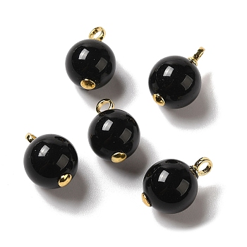Natural Black Onyx(Dyed & Heated) Pendants, Round Charms with Real 18K Gold Plated Brass Loops, 21x14mm, Hole: 3.4mm