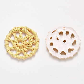 Resin Pendants, Imitation Woven Rattan Pattern, Flat Round, Yellow, 39x5mm, Hole: 2mm