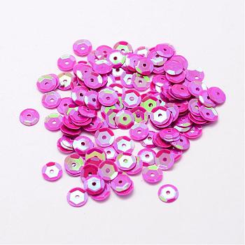 Plastic Paillette Beads, Semi-cupped Sequins Beads, Center Hole, Fuchsia, 12x0.5mm, Hole: 1mm