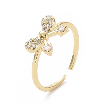 Clear Cubic Zirconia Bowknot Open Cuff Ring, Brass Jewelry for Women, Golden, Inner Diameter: 18mm