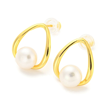 Brass Teardrop Stud Earrings with Natural Pearl Beaded, with 925 Sterling Silver Pins, Real 18K Gold Plated, 15x12.5mm
