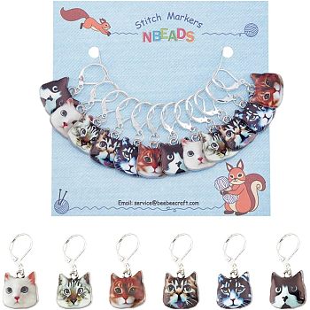 12Pcs 6 Style Zinc Alloy Enamel Cat Charm Locking Stitch Markers, with Brass Leverback Earring Findings & Iron Open Jump Rings & Plastic Ear Nuts, Mixed Color, 35mm, Pin: 0.8mm, 2Pcs/style