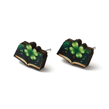 Saint Patrick's Day Green Wood Stud Earrings, with 316 Stainless Steel Pins, Book, 12x17mm