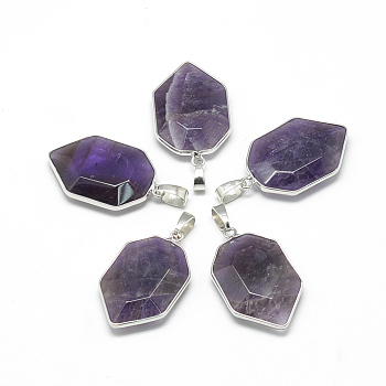 Natural Amethyst Pendants, with Brass Findings, Faceted, Nuggets, Platinum, 36x22x7mm, Hole: 4.5x8mm