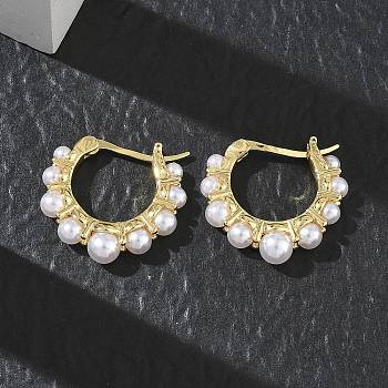Brass Hoop Earrings for Women, with ABS Imitation Pearl, Rack Plating, Long-Lasting Plated, Lead Free & Cadmium Free, Real 18K Gold Plated, 19x21x5mm